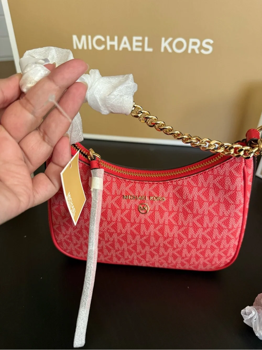 💯% Auethentic Michael Kors Coral Red MK Monogram Hobo with Gold Chain